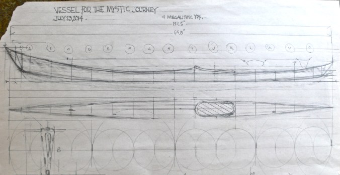 Below the drawing you can see the four large circles and then intersecting smaller ones that dictate the placement of the ribs of the boat.